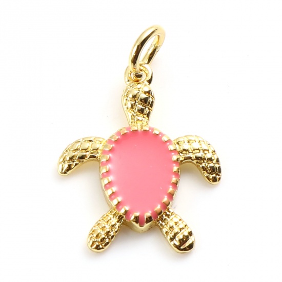 Picture of Brass Ocean Jewelry Charms Gold Plated Pink Sea Turtle Animal Enamel 20mm x 14mm,                                                                                                                                                                             