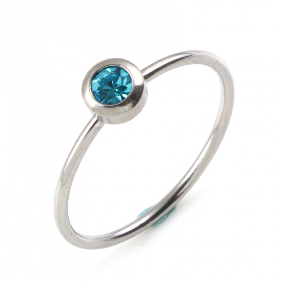 Image de Bagues en Acier Inoxydable Pierres de Naissance Non Ajustable Argent Mat Annulaire mars à Strass Bleu Clair 16.5mm (Taille d'US 6) , 1 Pièce