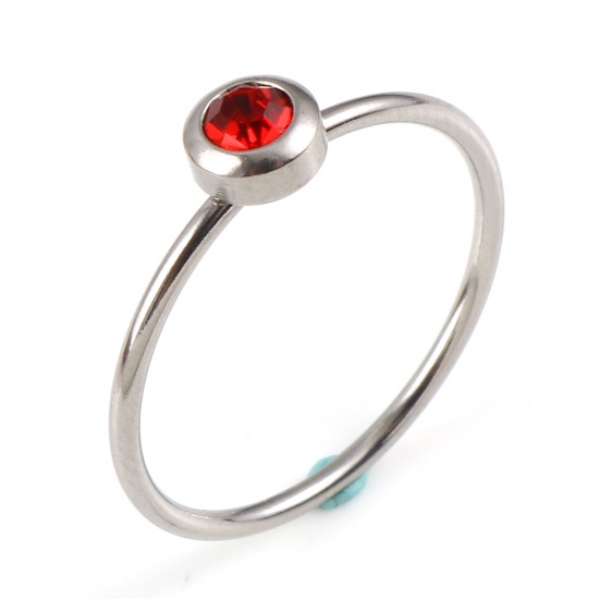 Picture of Stainless Steel Birthstone Unadjustable Rings Silver Tone Circle Ring July Red Rhinestone 17.3mm(US Size 7), 1 Piece