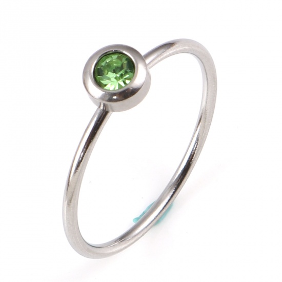 Picture of Stainless Steel Birthstone Unadjustable Rings Silver Tone Circle Ring August Green Rhinestone 17.3mm(US Size 7), 1 Piece