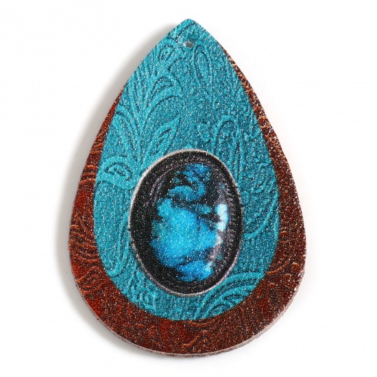 Изображение PU Богемный стиль Подвески водяная капля Сине-зеленые Цветок 5.5см x 3.8см, 5 ШТ