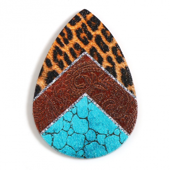 Picture of PU Leather Boho Chic Bohemia Pendants Drop Turquoise Pattern Multicolor Geometric 5.5cm x 3.8cm, 5 PCs