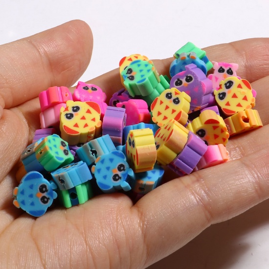 Picture of Polymer Clay Beads Owl Animal At Random Color About 11mm x 11mm - 8mm x 8mm, Hole: Approx 1.2mm, 100 PCs