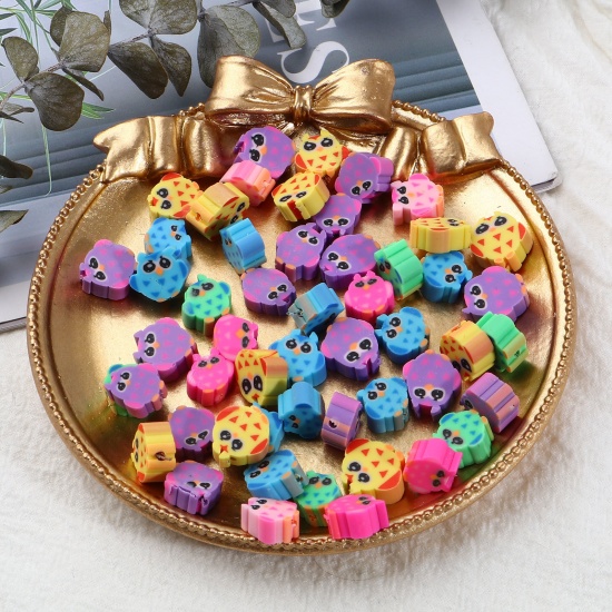 Picture of Polymer Clay Beads Owl Animal At Random Color About 11mm x 11mm - 8mm x 8mm, Hole: Approx 1.2mm, 100 PCs