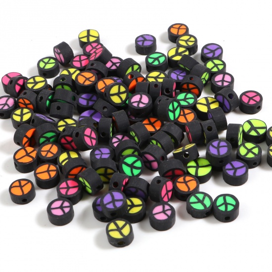 Picture of Polymer Clay Beads Round At Random Color Peace Symbol Pattern About 9mm Dia, Hole: Approx 2.4mm, 100 PCs