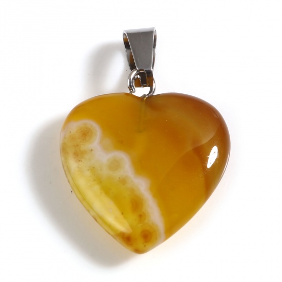 Picture of Agate ( Natural ) Valentine's Day Pendants Heart Yellow About 30mm x 20mm, Silver Tone 1 Piece