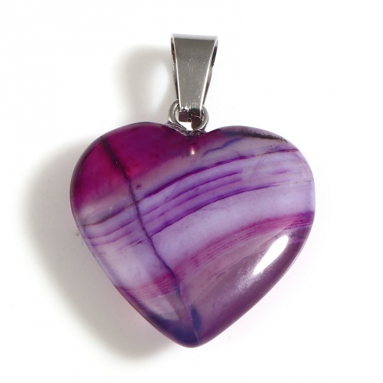 Picture of Agate ( Natural ) Valentine's Day Pendants Heart Purple About 30mm x 20mm, Silver Tone 1 Piece