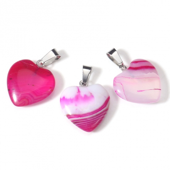 Picture of Agate ( Natural ) Valentine's Day Pendants Heart Fuchsia About 30mm x 20mm, Silver Tone 1 Piece