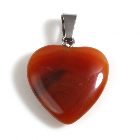 Picture of Agate ( Natural ) Valentine's Day Pendants Heart Orange About 30mm x 20mm, Silver Tone 1 Piece