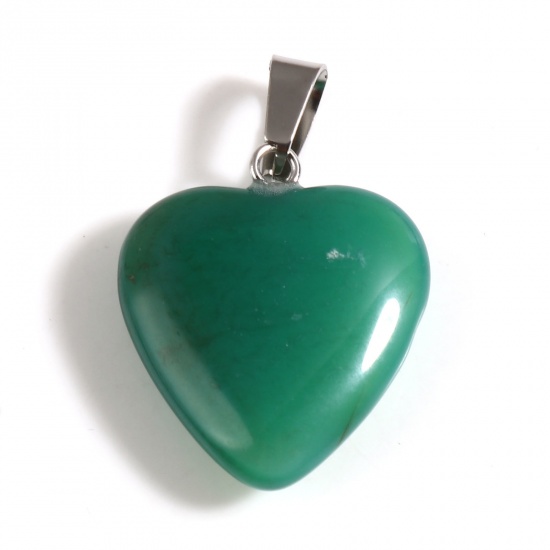 Picture of Agate ( Natural ) Valentine's Day Pendants Heart Green About 30mm x 20mm, Silver Tone 1 Piece