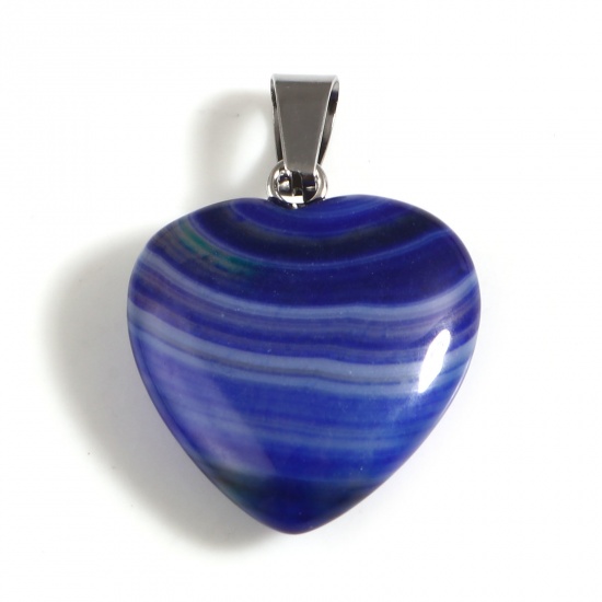 Picture of Agate ( Natural ) Valentine's Day Pendants Heart Dark Blue About 30mm x 20mm, Silver Tone 1 Piece