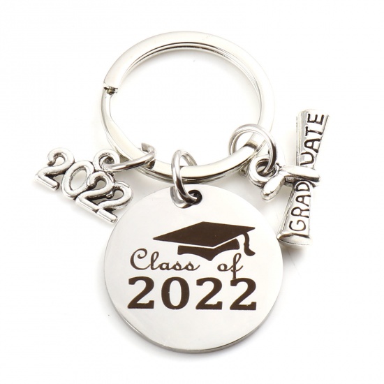 Picture of Stainless Steel Year College Jewelry Keychain & Keyring Diploma Silver Tone Trencher Cap Message " Class of 2022 " 5.1cm, 1 Piece