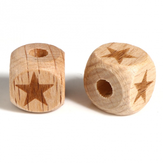 Picture of Beech Wood Galaxy Spacer Beads Square Natural Star About 12mm x 12mm, Hole: Approx 4.3mm, 20 PCs