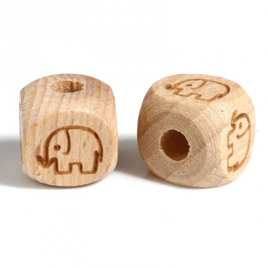 Picture of Beech Wood Spacer Beads Square Natural Elephant About 12mm x 12mm, Hole: Approx 4.3mm, 20 PCs
