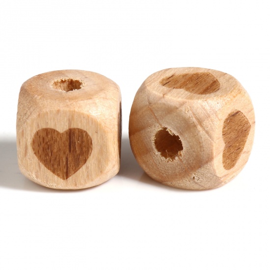 Picture of Beech Wood Valentine's Day Spacer Beads Square Natural Heart About 12mm x 12mm, Hole: Approx 4.3mm, 20 PCs
