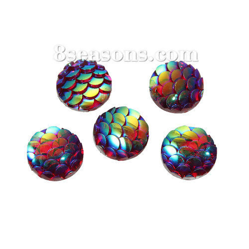 Picture of Resin Mermaid Fish /Dragon Scale Dome Seals Cabochon Round Purple AB Color 10mm( 3/8") Dia, 10 PCs
