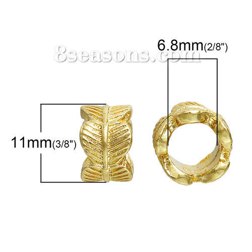 Picture of Zinc Based Alloy Charms Beads Cylinder Gold Plated Heart Leaf Carved 11mm x 7mm, 1 Piece