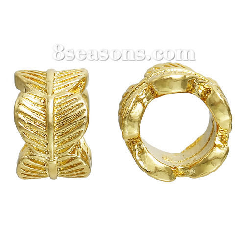 Picture of Zinc Based Alloy Charms Beads Cylinder Gold Plated Heart Leaf Carved 11mm x 7mm, 1 Piece