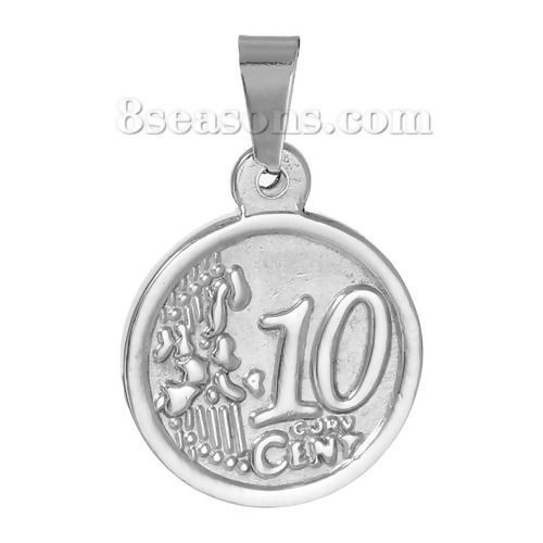 Picture of Stainless Steel Pendants Round Silver Tone Message " 10 CENT " Carved  30mm(1 1/8") x 19mm( 6/8"), 1 Piece