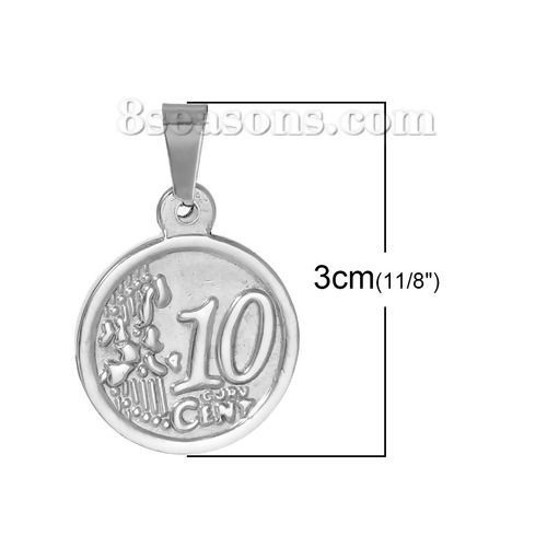 Picture of Stainless Steel Pendants Round Silver Tone Message " 10 CENT " Carved  30mm(1 1/8") x 19mm( 6/8"), 1 Piece