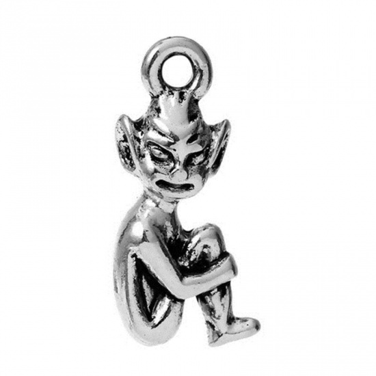 Picture of Zinc Based Alloy Halloween Charms Cornwall Tibetan Pixie Elf Antique Silver Color 20mm( 6/8") x 10mm( 3/8"), 20 PCs