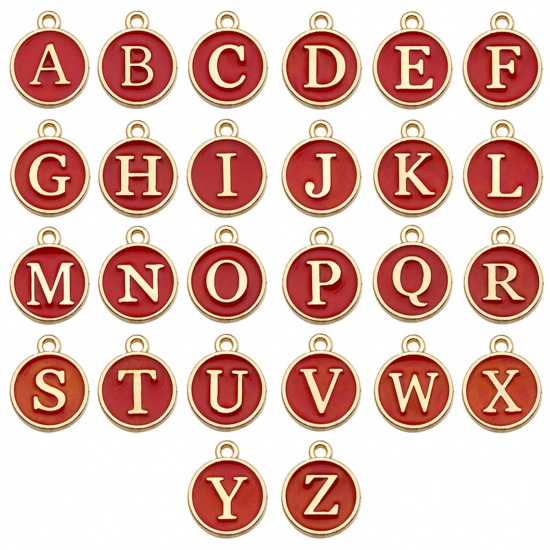 Picture of Zinc Based Alloy Bracelet Charms Round Red Initial Alphabet/ Capital Letter Enamel 12mm Dia., 1 Set ( 26 PCs/Set)