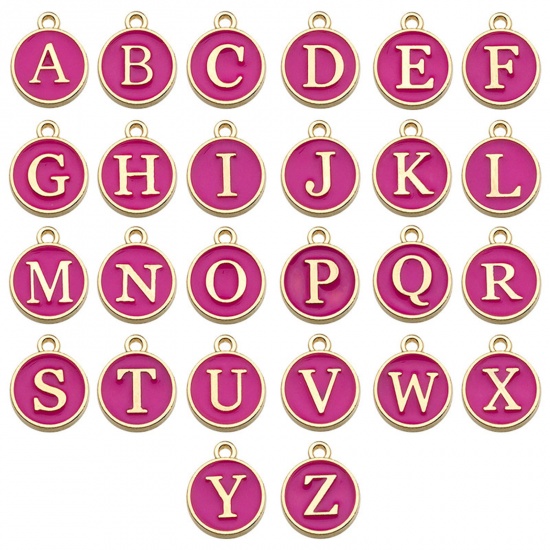 Picture of Zinc Based Alloy Bracelet Charms Round Fuchsia Initial Alphabet/ Capital Letter Enamel 12mm Dia., 1 Set ( 26 PCs/Set)