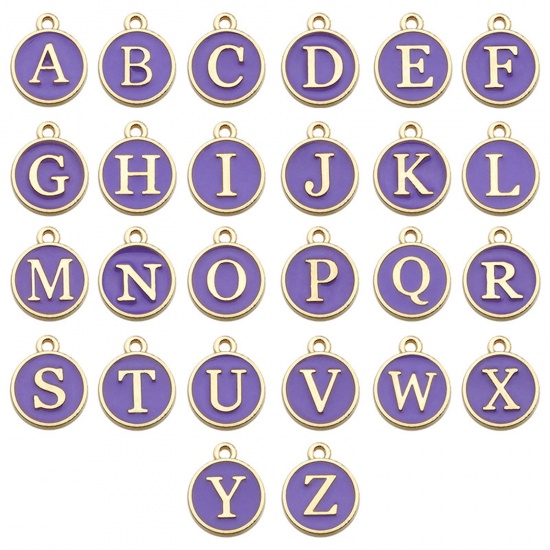 Picture of Zinc Based Alloy Bracelet Charms Round Purple Initial Alphabet/ Capital Letter Enamel 12mm Dia., 1 Set ( 26 PCs/Set)