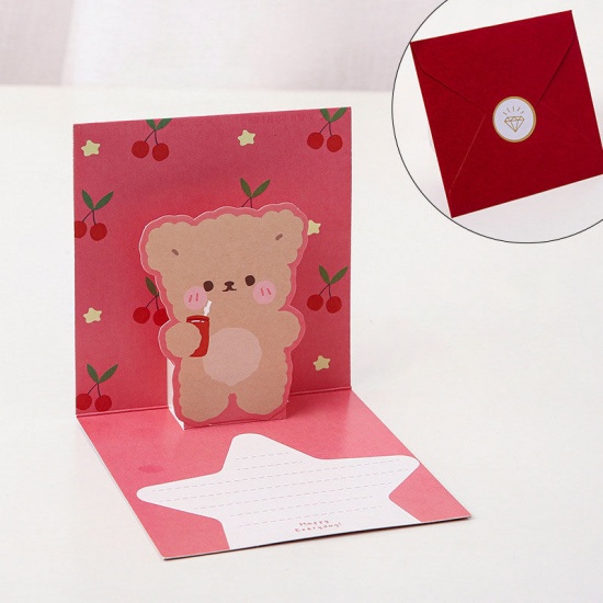 Picture of Red - Cartoon Cute Bear Birthday Gift Festival Wishes Folding 3D Greeting Card Kit 11x11cm, 1 Set