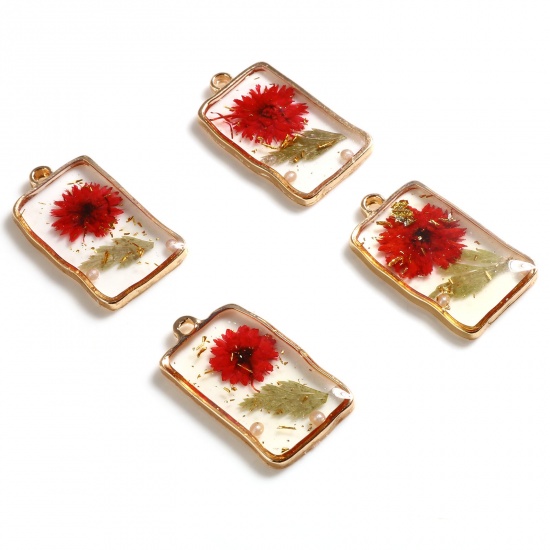 Picture of Resin & Real Dried Flower Charms Rectangle Gold Plated Red Transparent Foil 27mm x 15mm - 26mm x 15mm, 1 Piece