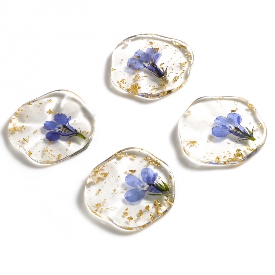 Picture of Resin & Real Dried Flower Pendants Irregular Blue Transparent Foil 32mm x 30mm - 31mm x 29mm, 1 Piece