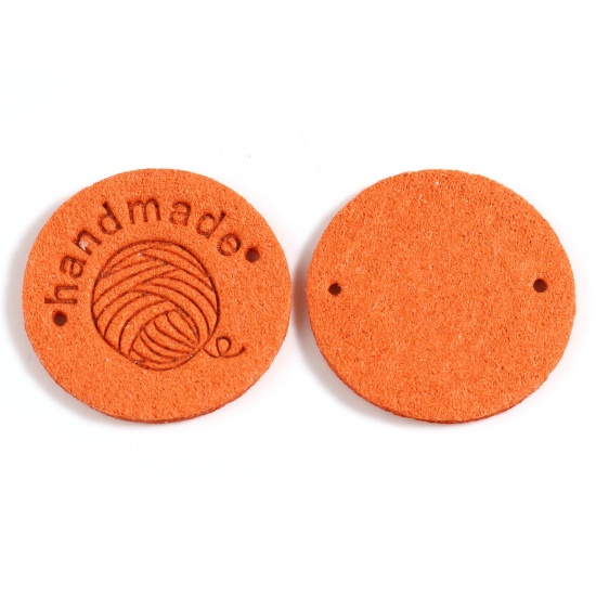 Picture of Microfiber Label Tags Ball of yarn Orange Round Pattern " Handmade " Faux Suede 25mm , 20 PCs
