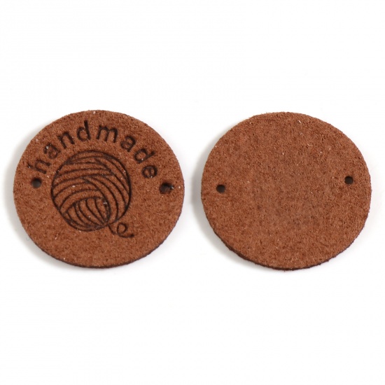 Picture of Microfiber Label Tags Ball of yarn Coffee Round Pattern " Handmade " Faux Suede 25mm , 20 PCs