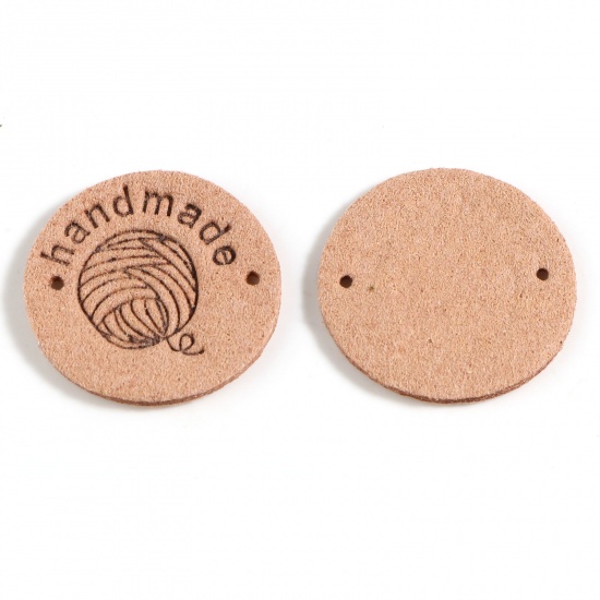 Picture of Microfiber Label Tags Ball of yarn Apricot Beige Round Pattern " Handmade " Faux Suede 25mm , 20 PCs