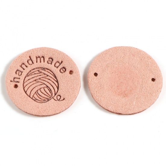 Picture of Microfiber Label Tags Ball of yarn Peachy Beige Round Pattern " Handmade " Faux Suede 25mm , 20 PCs