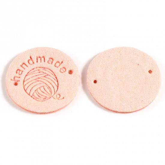 Picture of Microfiber Label Tags Ball of yarn Peach Pink Round Pattern " Handmade " Faux Suede 25mm , 20 PCs