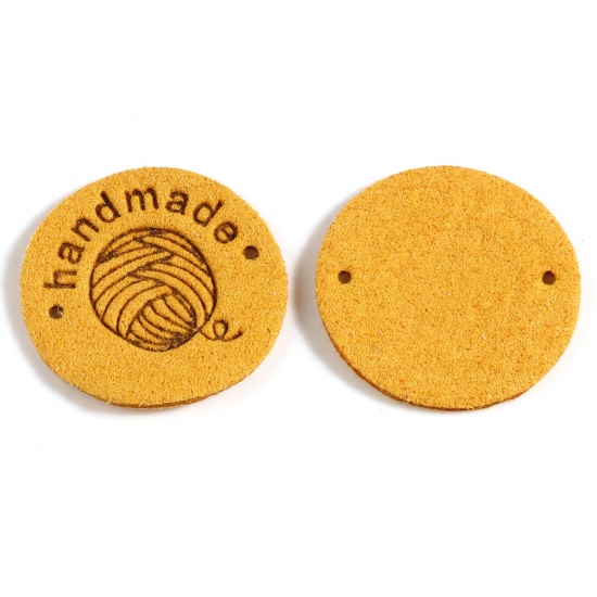 Picture of Microfiber Label Tags Ball of yarn Ginger Round Pattern " Handmade " Faux Suede 25mm , 20 PCs