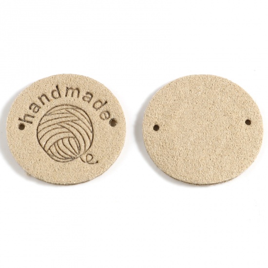 Picture of Microfiber Label Tags Ball of yarn Khaki Round Pattern " Handmade " Faux Suede 25mm , 20 PCs