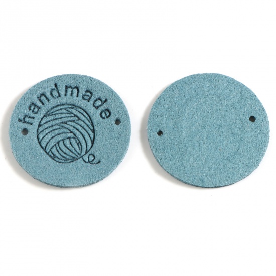 Picture of Microfiber Label Tags Ball of yarn Peacock Green Round Pattern " Handmade " Faux Suede 25mm , 20 PCs