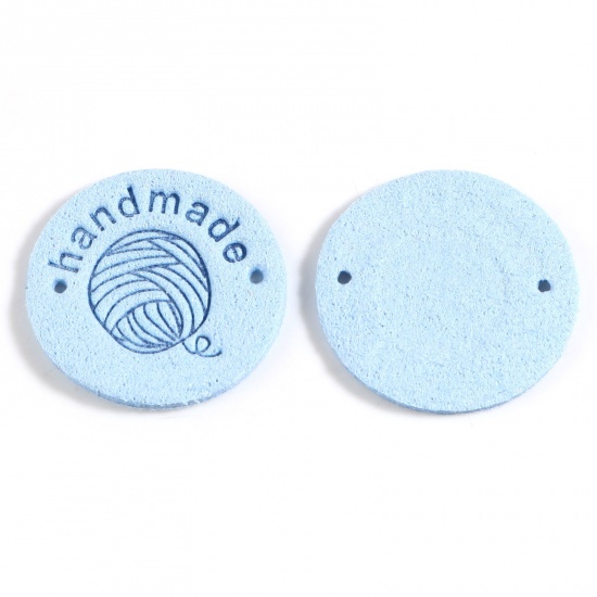 Picture of Microfiber Label Tags Ball of yarn Light Blue Round Pattern " Handmade " Faux Suede 25mm , 20 PCs