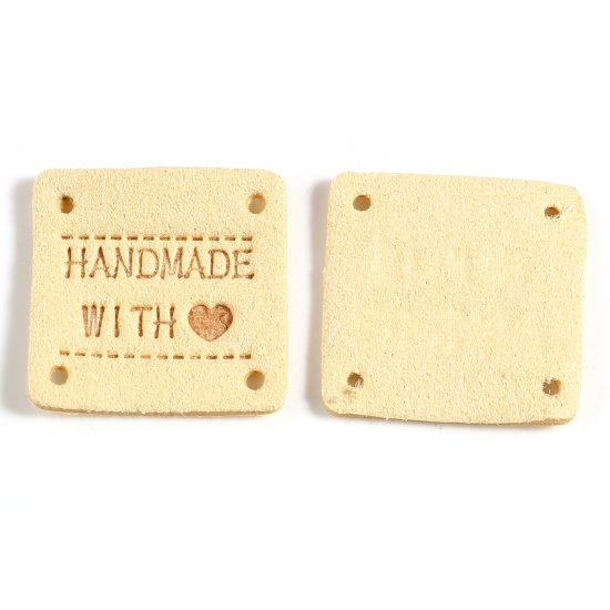 Picture of Microfiber Label Tags Square Yellow Heart Pattern " Hand Made With Love " Faux Suede 25mm x 25mm , 20 PCs