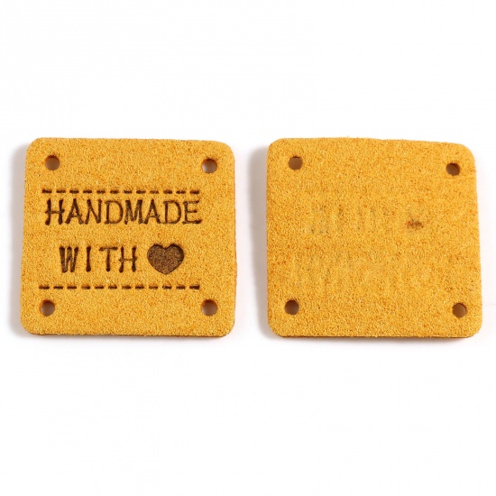 Picture of Microfiber Label Tags Square Ginger Heart Pattern " Hand Made With Love " Faux Suede 25mm x 25mm , 20 PCs