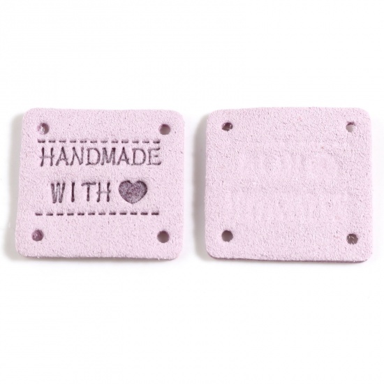 Picture of Microfiber Label Tags Square Mauve Heart Pattern " Hand Made With Love " Faux Suede 25mm x 25mm , 20 PCs