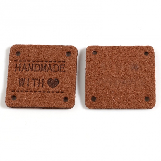 Picture of Microfiber Label Tags Square Coffee Heart Pattern " Hand Made With Love " Faux Suede 25mm x 25mm , 20 PCs