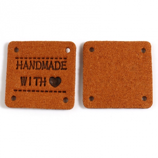 Picture of Microfiber Label Tags Square Brown Heart Pattern " Hand Made With Love " Faux Suede 25mm x 25mm , 20 PCs