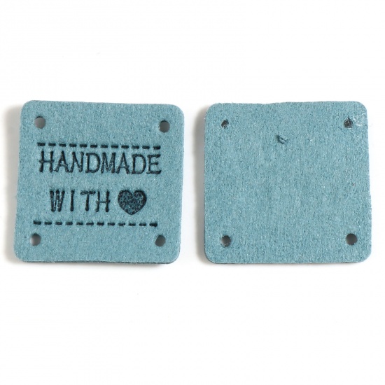 Picture of Microfiber Label Tags Square Peacock Green Heart Pattern " Hand Made With Love " Faux Suede 25mm x 25mm , 20 PCs
