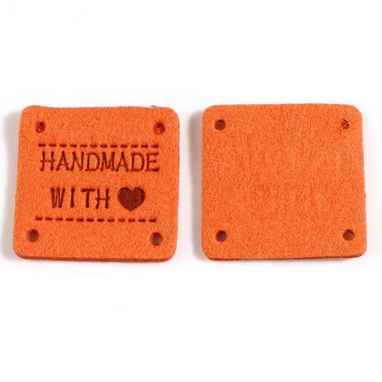 Picture of Microfiber Label Tags Square Orange Heart Pattern " Hand Made With Love " Faux Suede 25mm x 25mm , 20 PCs