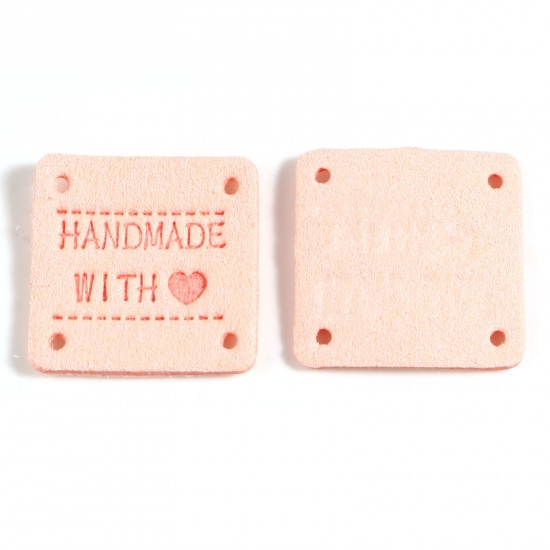 Picture of Microfiber Label Tags Square Peach Pink Heart Pattern " Hand Made With Love " Faux Suede 25mm x 25mm , 20 PCs