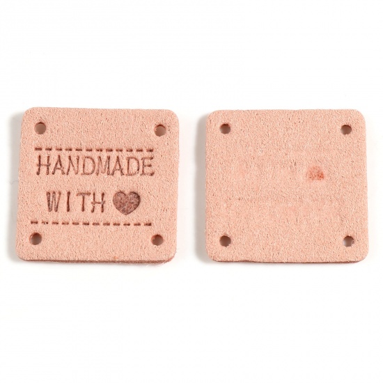 Picture of Microfiber Label Tags Square Peachy Beige Heart Pattern " Hand Made With Love " Faux Suede 25mm x 25mm , 20 PCs