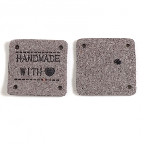 Picture of Microfiber Label Tags Square Gray Heart Pattern " Hand Made With Love " Faux Suede 25mm x 25mm , 20 PCs